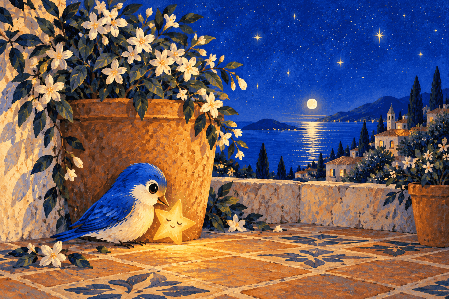 The bird stays beside the star on a rooftop garden