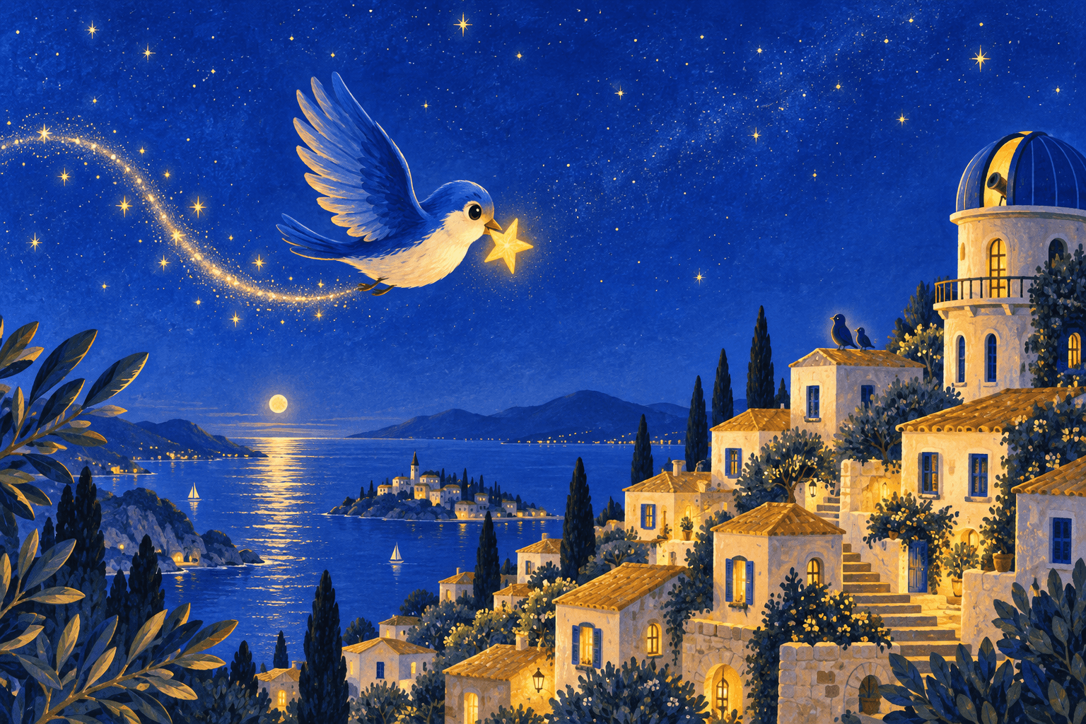 A blue bird and a golden star in an illustrated town at night